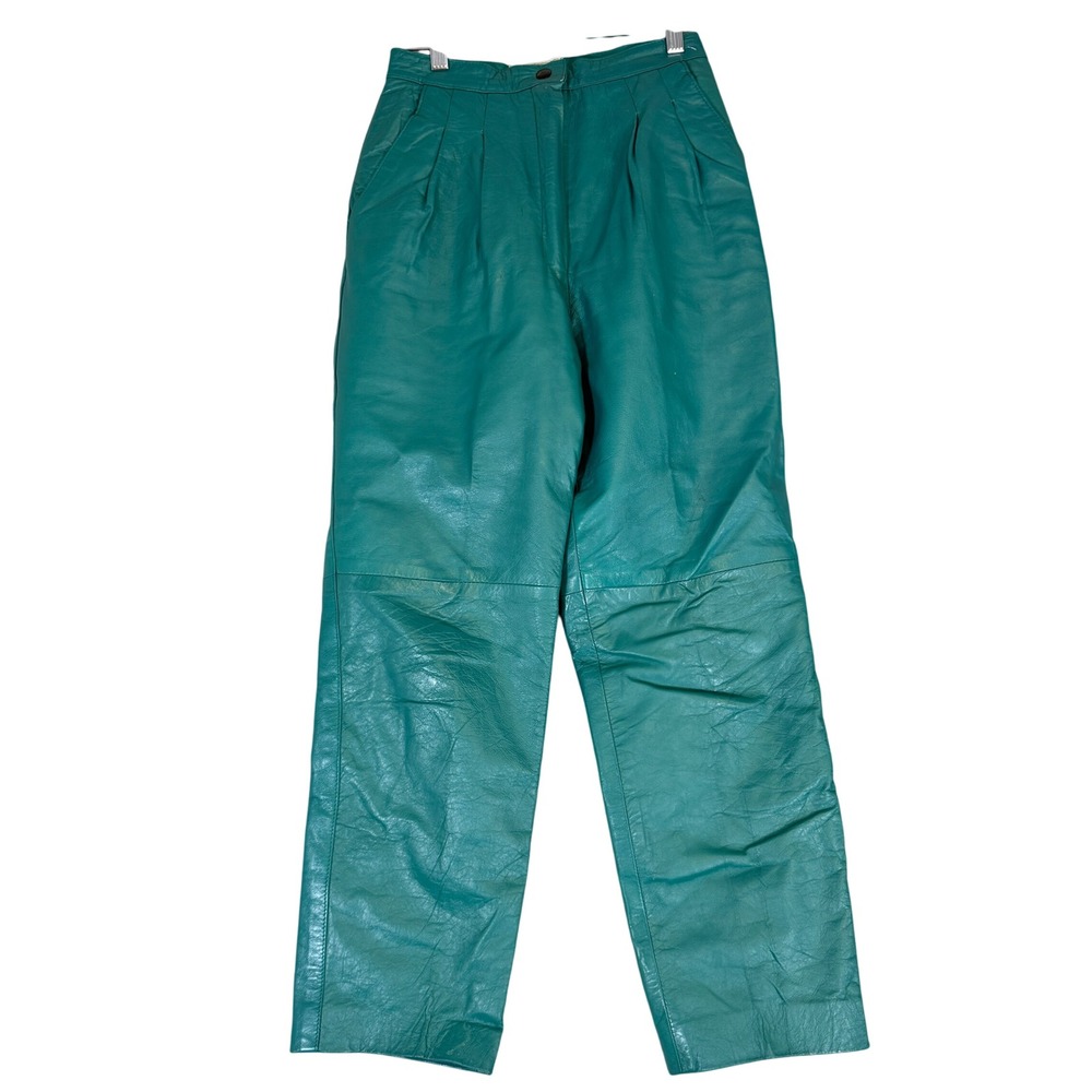 Vintage Margaret Godfrey Bagatelle Teal Leather Pants Pleated High Waist Size 8
